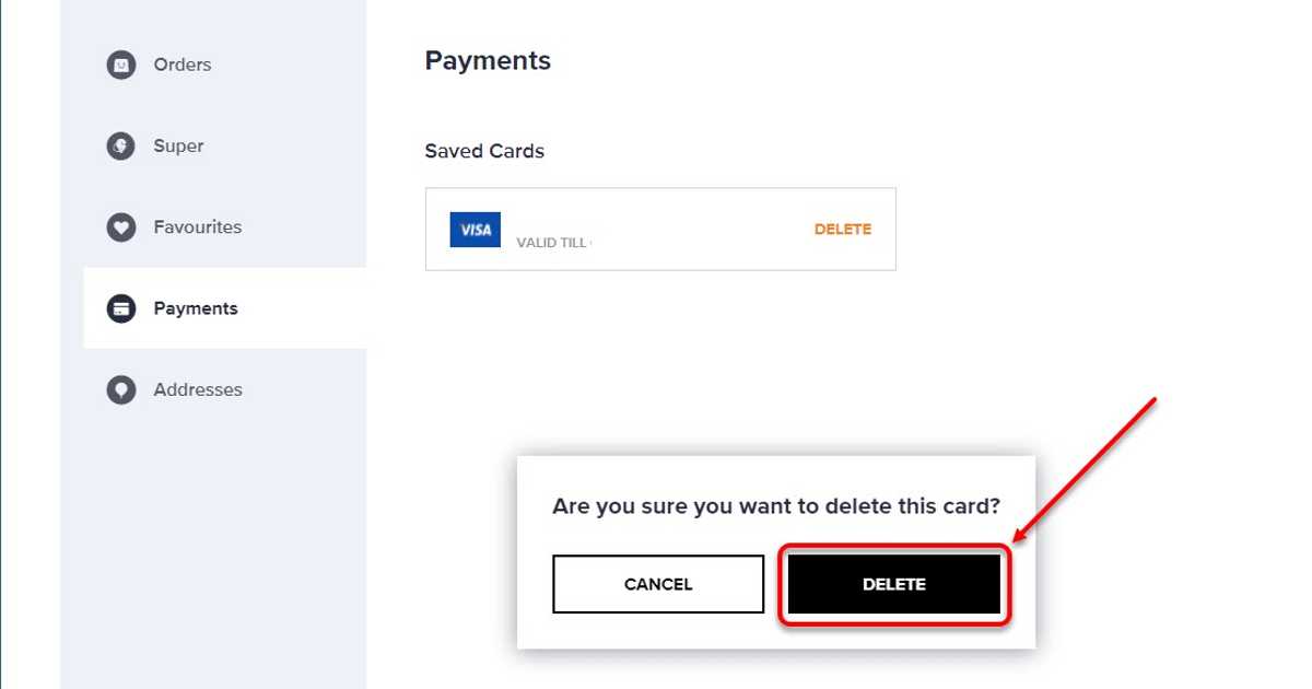 Remove Payment Details from Swiggy Website