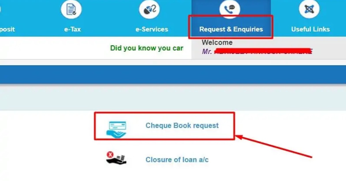 SBI Cheque Book Request Option Net Banking